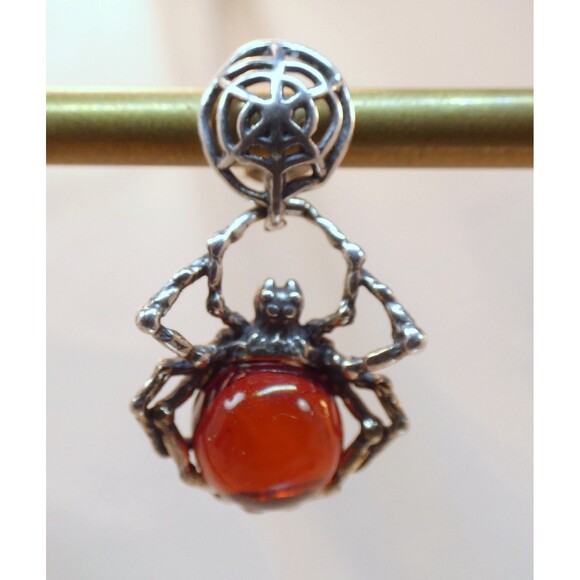 Artisan Sterling Silver Baltic Amber Spider Dangle Earrings Halloween - Picture 5 of 6